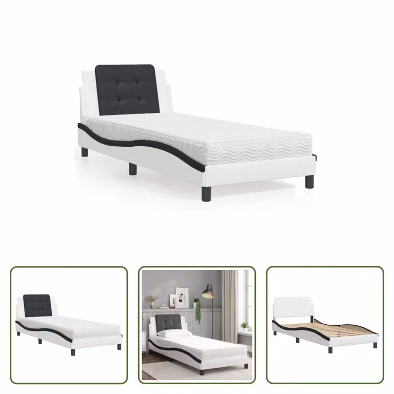The Living Store Letto con materasso bianco e nero 80x200 cm in ecopelle