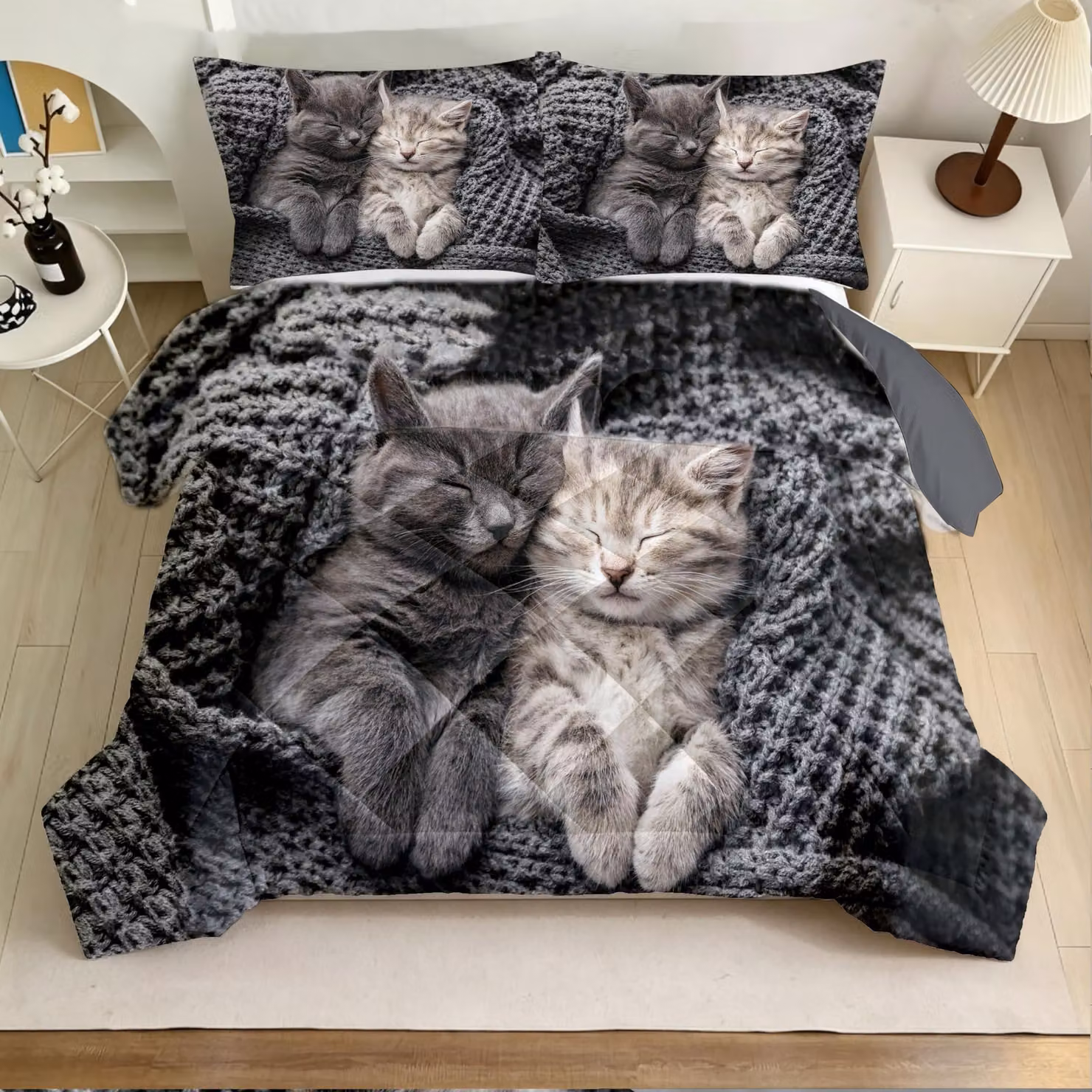 Copertura per letto con motivo di gatti - 140 x 200 cm, in microfibra, include 2 federe