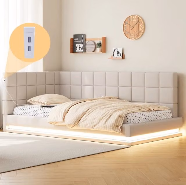 Divano letto 90x200 cm beige in lino con LED, USB e rete a doghe
