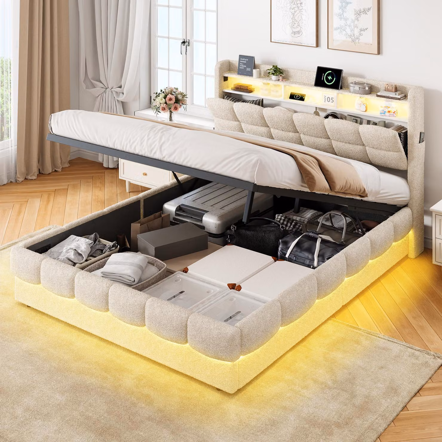 Letto imbottito REMZETTA, 160 x 200 cm, con contenitore, rete a doghe, luci LED RGB, porte USB e USB-C, rivestito in tessuto effetto peluche, testiera con spazio contenitivo, color beige, ideale per adolescenti