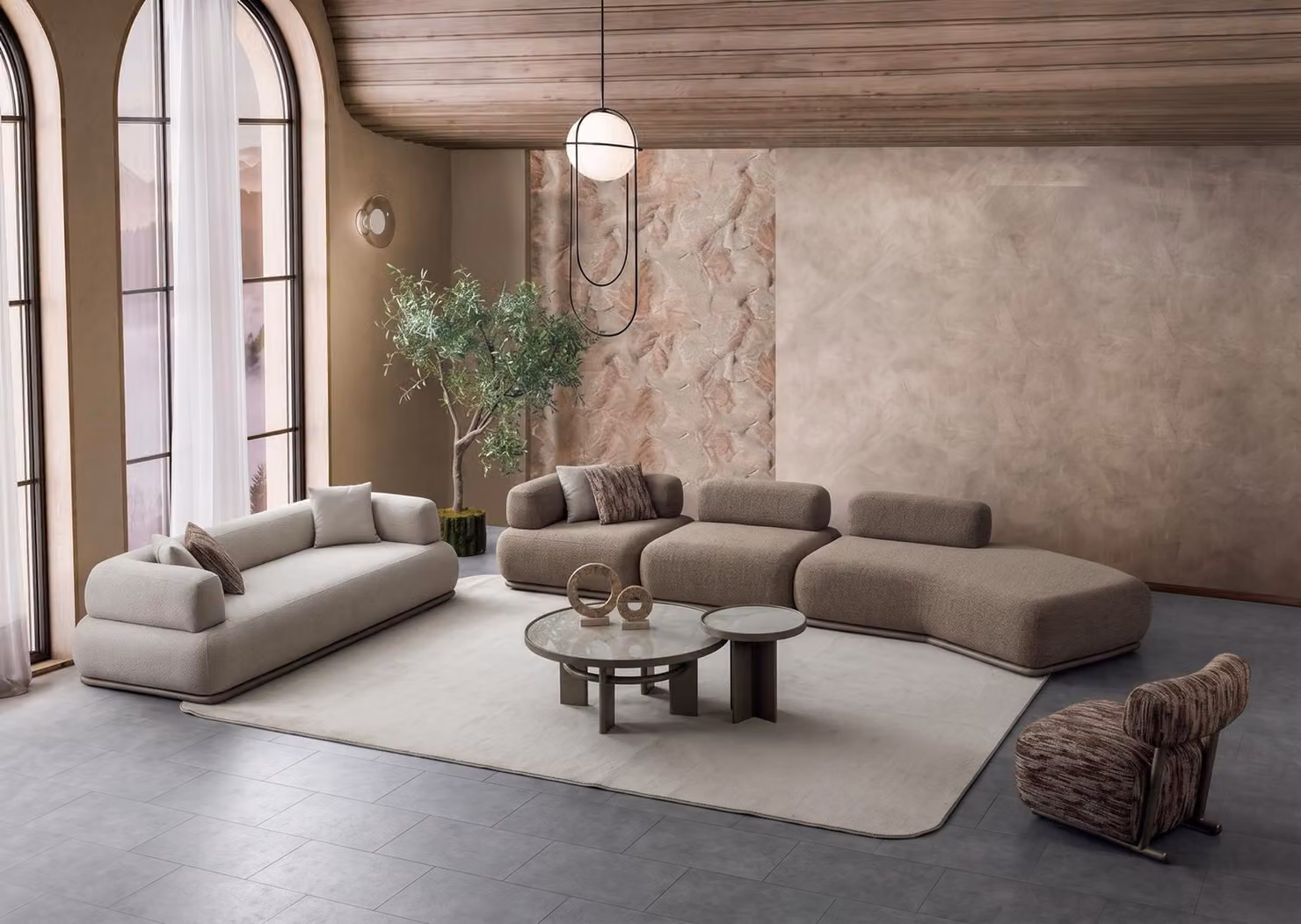 Divano angolare modulare beige, rivestito in tessuto, dal design moderno e confortevole, ideale per il relax