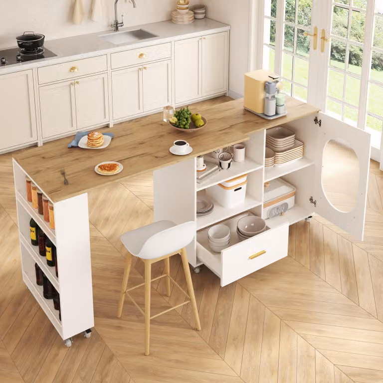 Isola da cucina Flieks con piano girevole a 360°, bancone con ripiano integrato, pensile con cassetto e anta, dimensioni 120-180*60*90 cm, finitura naturale e bianca