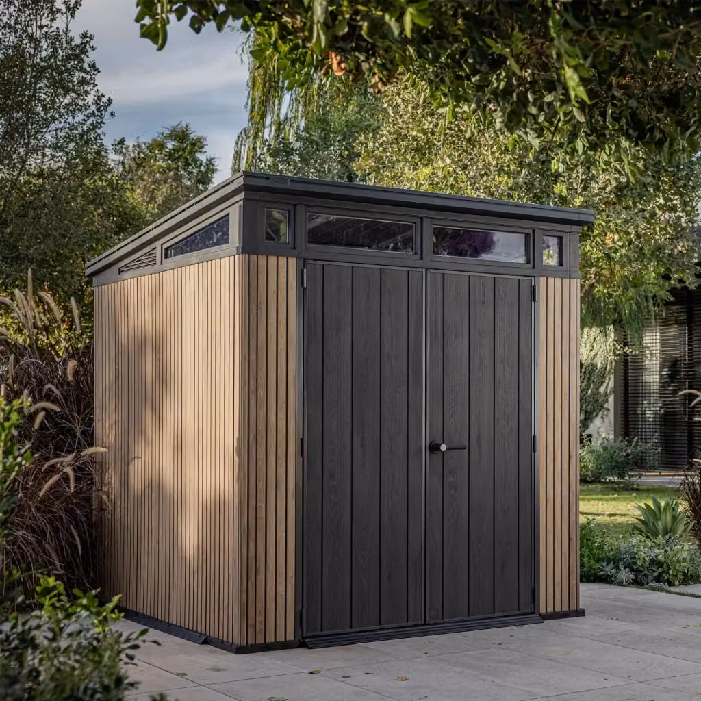 Casetta da Giardino Keter Pent 7x7 con Doppia Porta per Deposito Attrezzi, Finitura Effetto Legno Evotech+ in Resina, Colore Marrone e Nero, L/P/H: 216 x 226 x 218 cm – 2