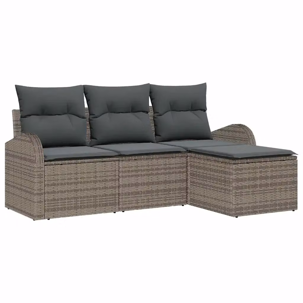 Set di divani da giardino a forma di L vidaXL in rattan grigio con cuscini e pouf coordinato – 2