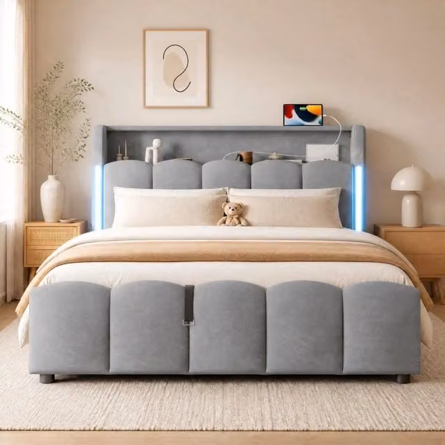 Letto imbottito 140 × 200 cm con contenitore idraulico in velluto grigio LED USB e Type C