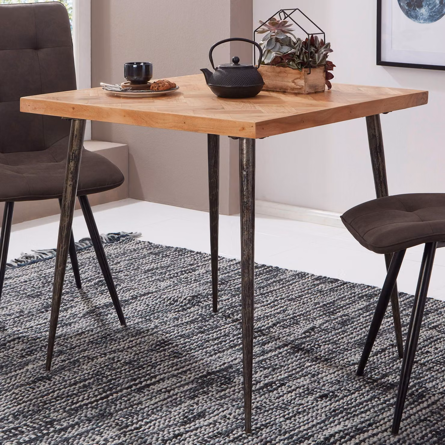 FineBuy Tavolo da pranzo quadrato 80 cm in legno massello di acacia per 4 persone, stile industriale, tavolo da cucina con gambe in metallo massiccio, tavolo da pranzo in stile vintage