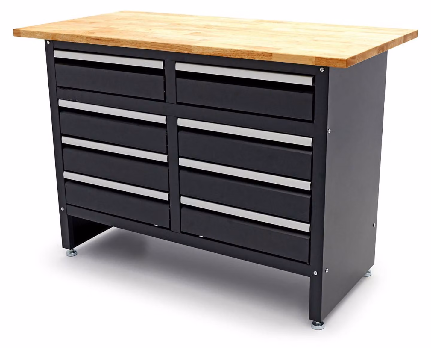 Piano di lavoro, banco metallico da 120 cm con 8 cassetti e pianale in legno massiccio