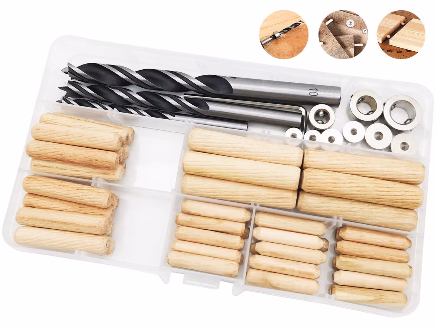 Set di tasselli in legno, 55 pezzi, 6/8/10 mm, con punte e accessori, per lavori in legno