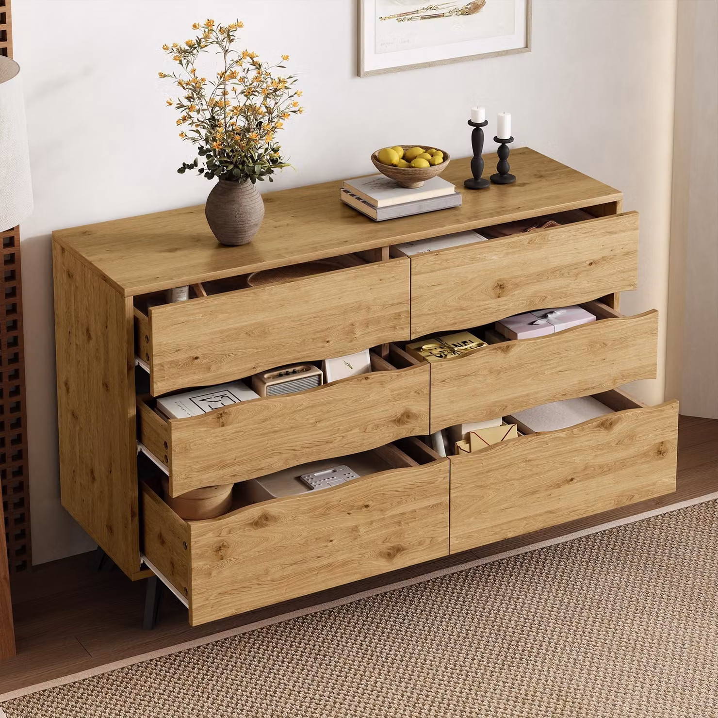 Credenza moderna Merax con 6 cassetti, cassettiera in look legno con piedini in metallo e ampio spazio di archiviazione, soggiorno e sala da pranzo, colore legno