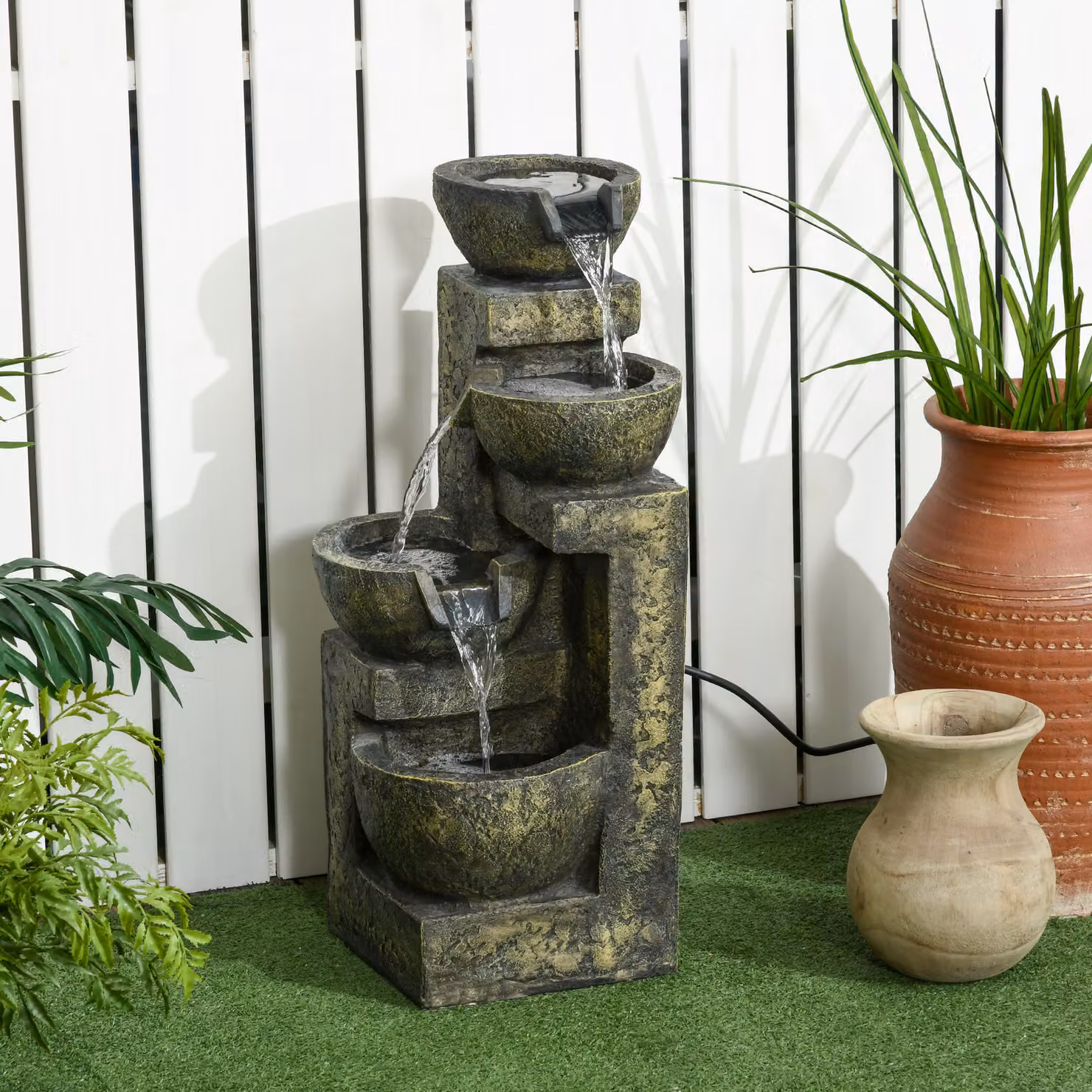 Fontana da giardino Outsunny con 4 vasche e pompa regolabile, effetto pietra, Nero, L/P/H: 25 x 24 x 60 cm – 2
