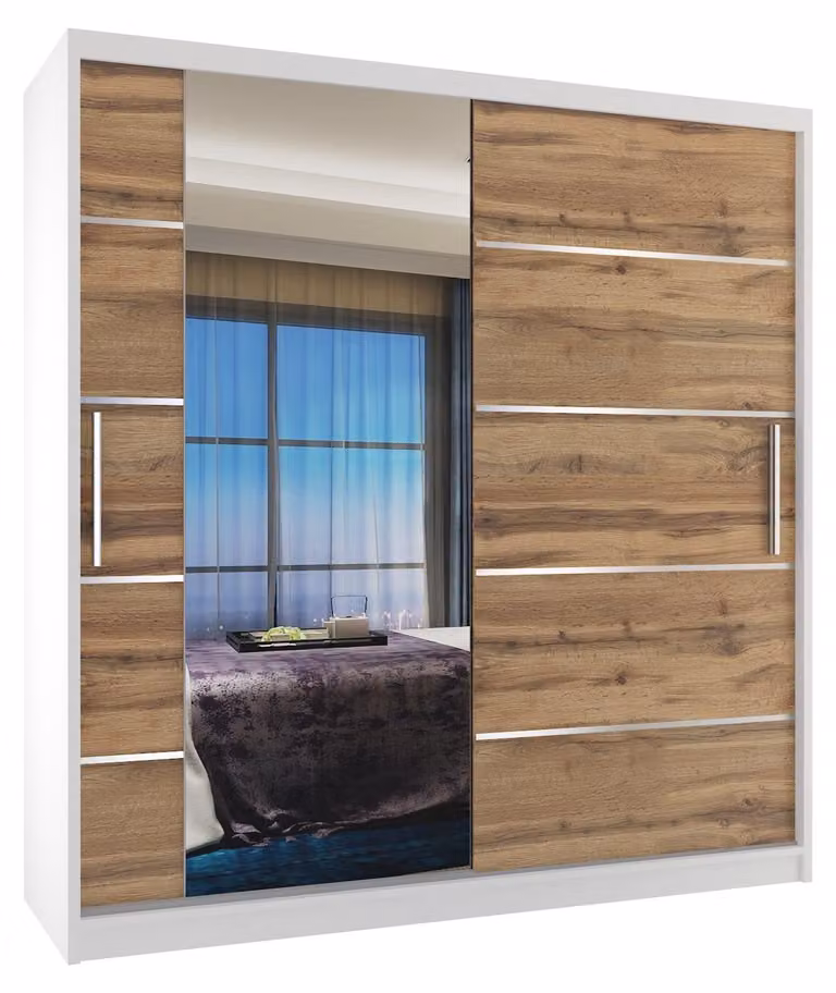 BELINI Verona, armadio scorrevole da 158 cm, bianco/oro bronzato opaco - armadio con specchio e 2 cassetti, ideale per la camera da letto