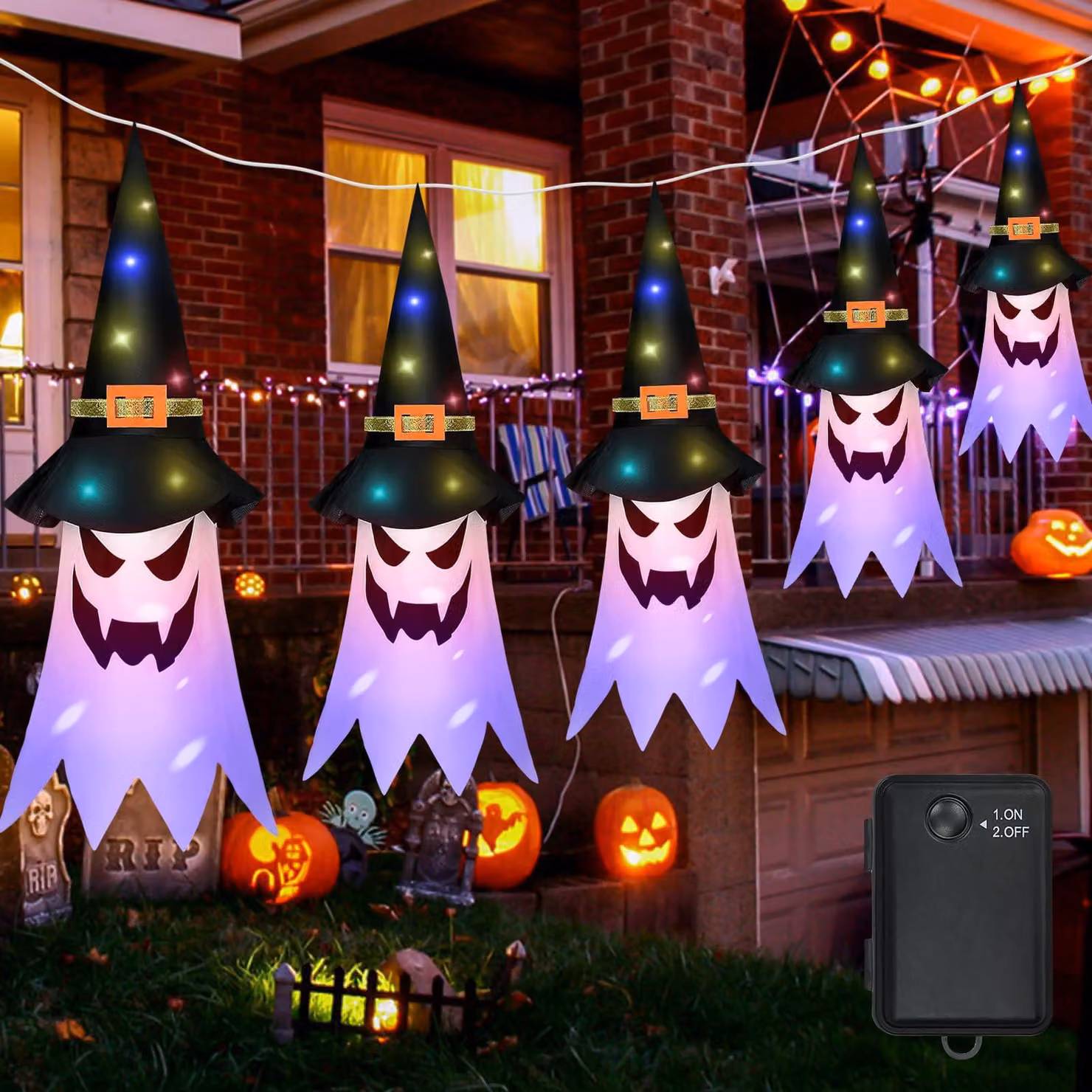 Set di 5 fantasmi di Halloween con cappello da strega e luci a catena