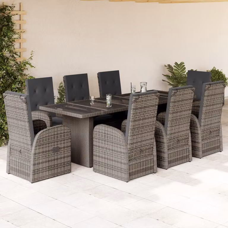 vidaXL Set da Pranzo da Giardino 9 pz in Polyrattan Grigio con Piano in Vetro