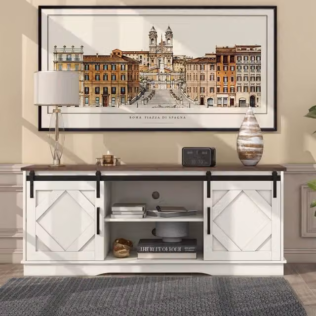 Mobile TV 150x40x60 cm, credenza con 2 ante scorrevoli classiche e ripiani regolabili, design moderno country per soggiorno e sala da pranzo