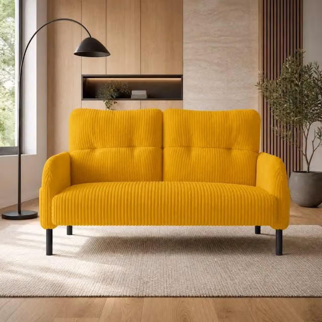 Divano 2 posti 120 x 75 x 79 cm in velluto a coste giallo con tasca laterale HOMVRA
