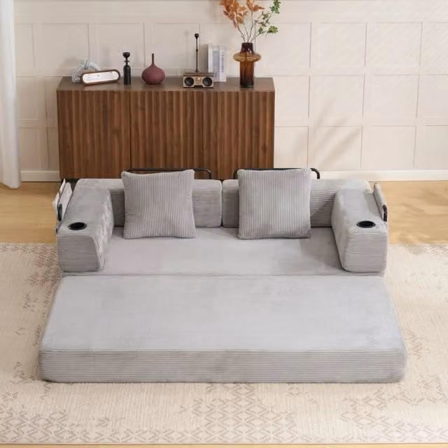 Divano letto da pavimento 185 cm pieghevole in velluto a coste grigio chiaro