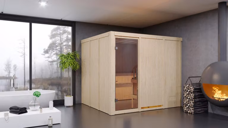 Karibu sauna cabina interna Gobin sauna interna 3 panche in legno, cabina sauna con spessore parete 68 mm, sauna a vapore con materiale di montaggio