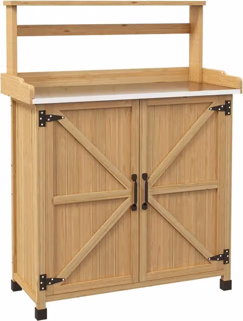 Tavolo da giardinaggio in legno ¨C Xylo ¨C con ripiani e armadietto giallo