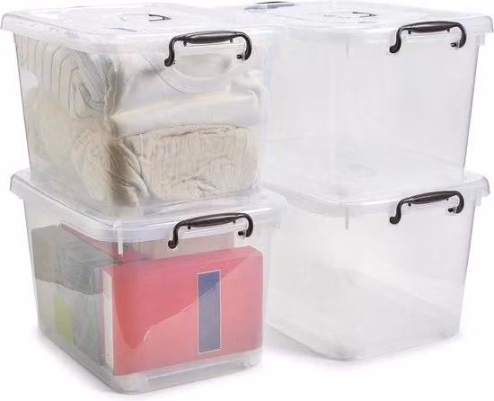 Set di contenitori da trasporto in plastica - Contenitori trasparenti e impilabili con maniglia e ruote - 50,8 x 35,6 x 27,9 cm - Confezione da 4.