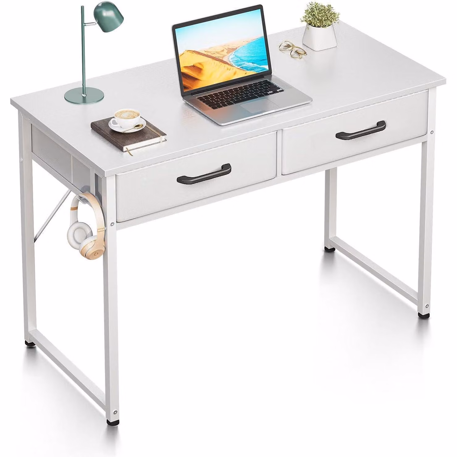 Scrivania con 2 cassetti rivestiti in tessuto e supporto per cuffie, dimensioni 100x40x78,7 cm, colore bianco
