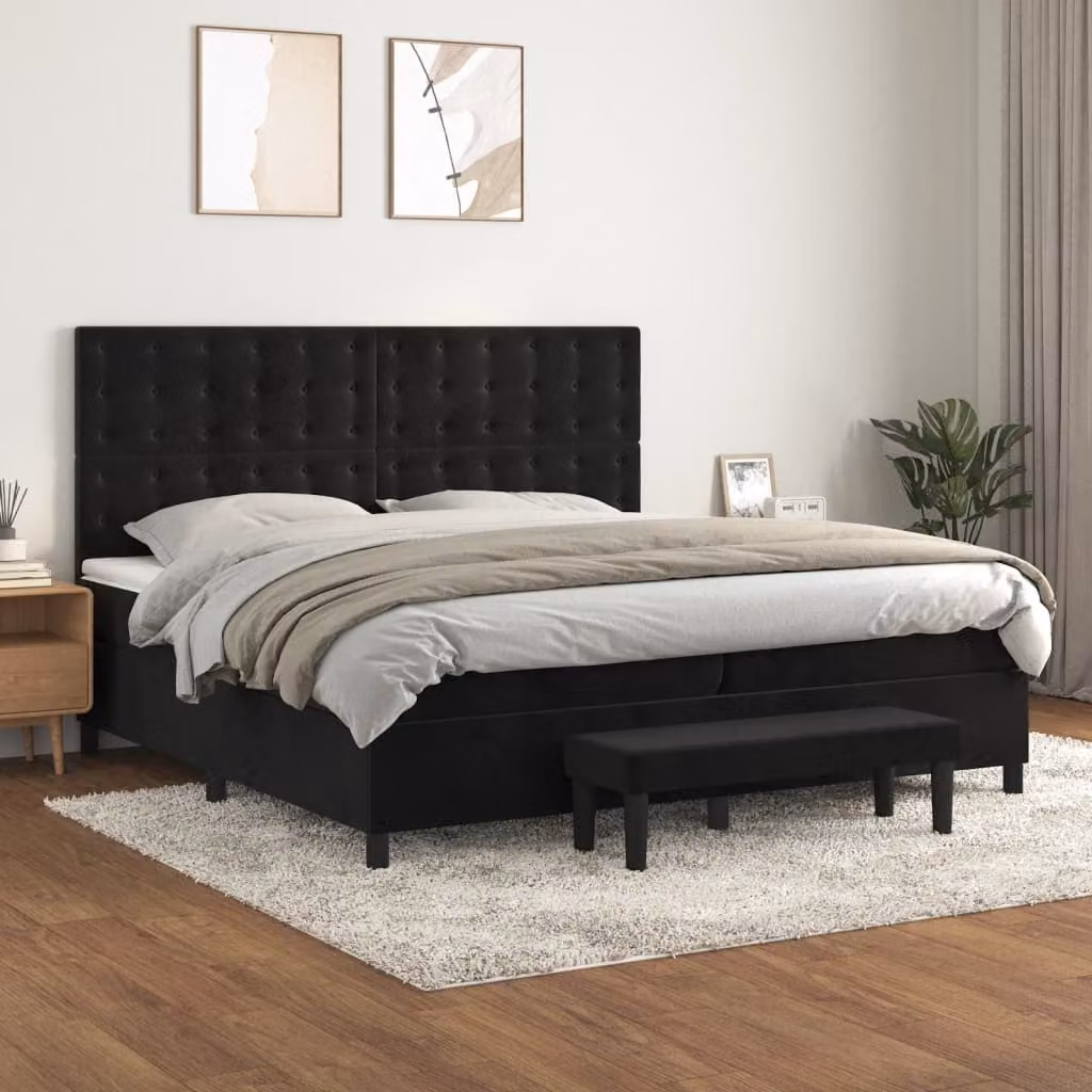 vidaXL Letto Ibrido con Giroletto a Molle e Materasso in Velluto Nero, L/P/H: 200 x 200 x 128 cm