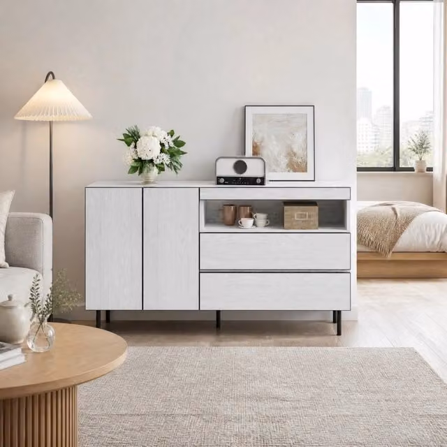 Sideboard minimalista MODFU bianco opaco in MDF con ante e ripiani, L 140 cm x P 42 cm x H 77 cm – 1