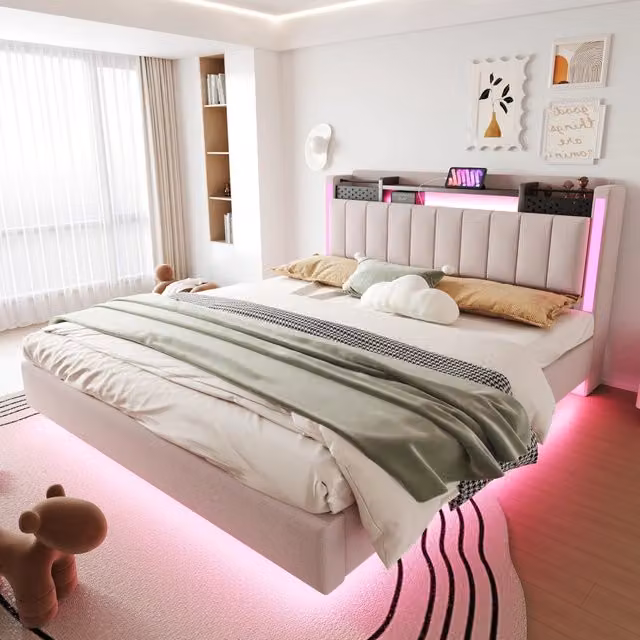 Letto imbottito 160x200 cm beige con LED, USB, testiera contenitore e rete a doghe