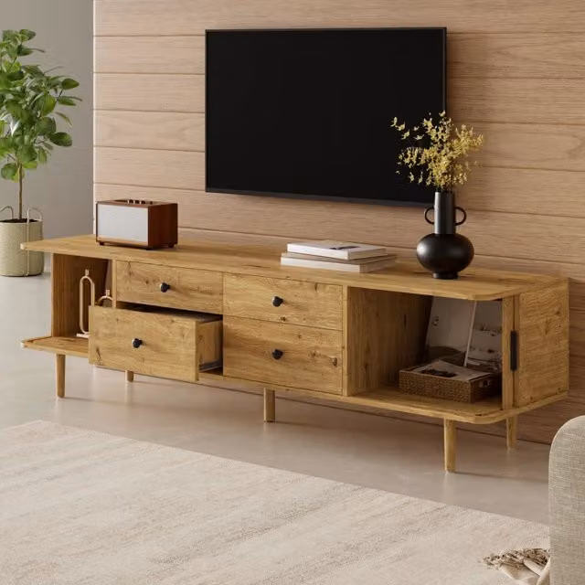 Mobile TV FOLYNA in MDF effetto legno marrone con 4 cassetti e 2 ante scorrevoli e gambe cilindriche L: 165 cm, P: 40 cm, H: 46 cm