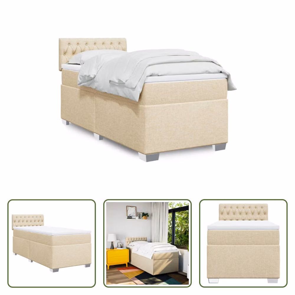 The Living Store Letto a molle con materasso crema 90x190 cm in tessuto