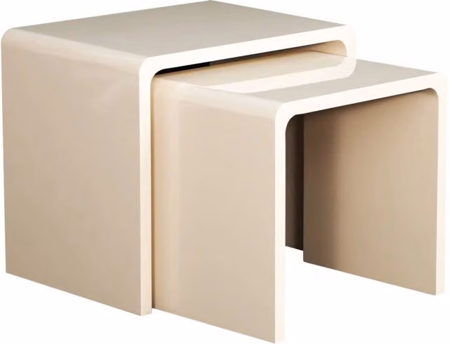 Set di 2 tavolini impilabili SWEEEK con top incastrati, finitura lucida beige, design minimalista per soggiorno