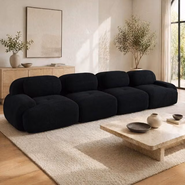 Divano angolare modulare senza telaio in velluto a coste nero; 388×103×70 cm