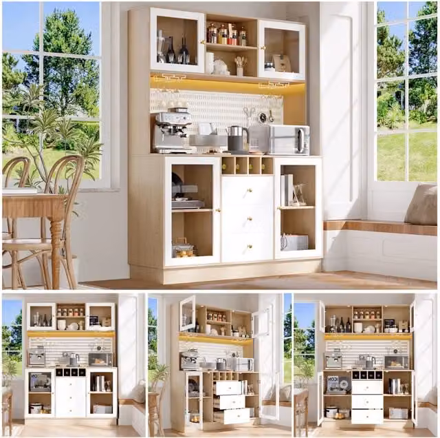 Armadio alto moderno bianco con illuminazione LED Smart, ripiani regolabili, cantinetta e sicurezza anti-ribaltamento, per cucina o soggiorno