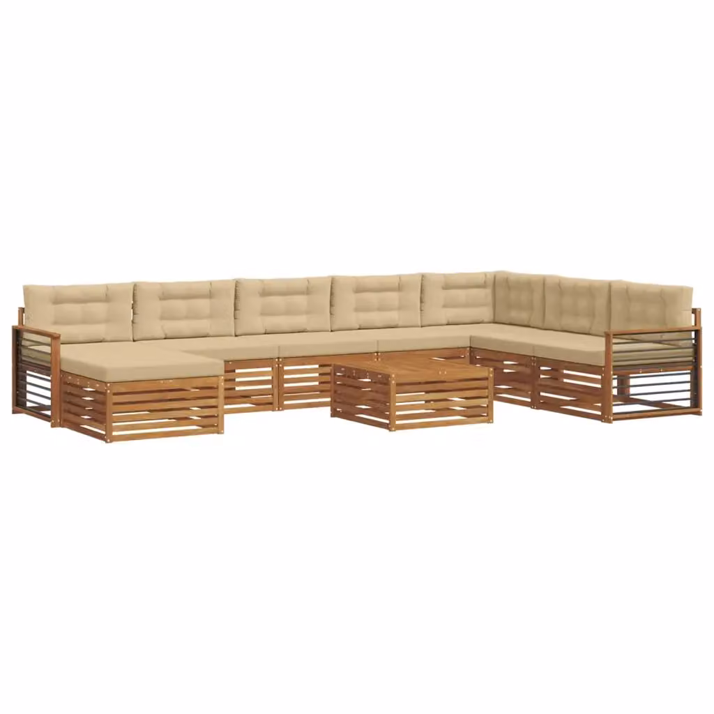 Set di divani da esterno vidaXL in legno di acacia 9 pezzi, colore beige e marrone, con cuscini inclusi e design moderno a L per giardino e terrazza – 2