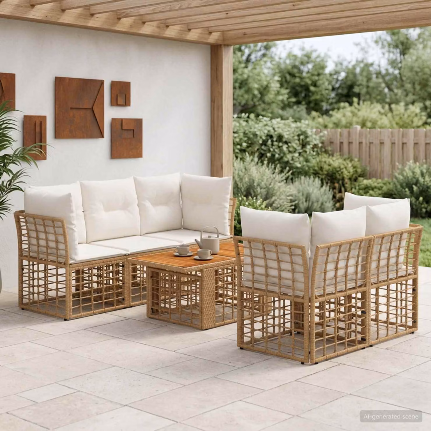 Set Divano da Giardino vidaXL 6 Pezzi a Forma di L in Polyrattan con Tavolino e Cuscini, Colore Naturale e Bianco Crema