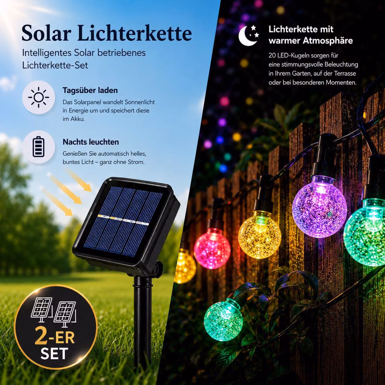 2x luci solari 5m - 20 LED a sfera di cristallo, colorate, IP65, giardino e terrazza, 8 modalità, H094