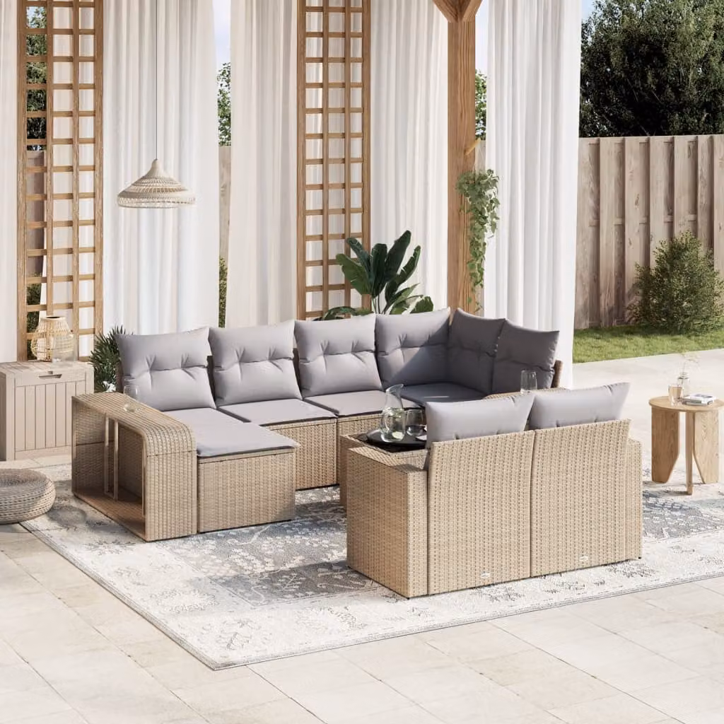 vidaXL Set Divani da Giardino 11 pz a Forma a U con Cuscini Beige e Tavolino da Esterno in Polyrattan e Metallo – 1