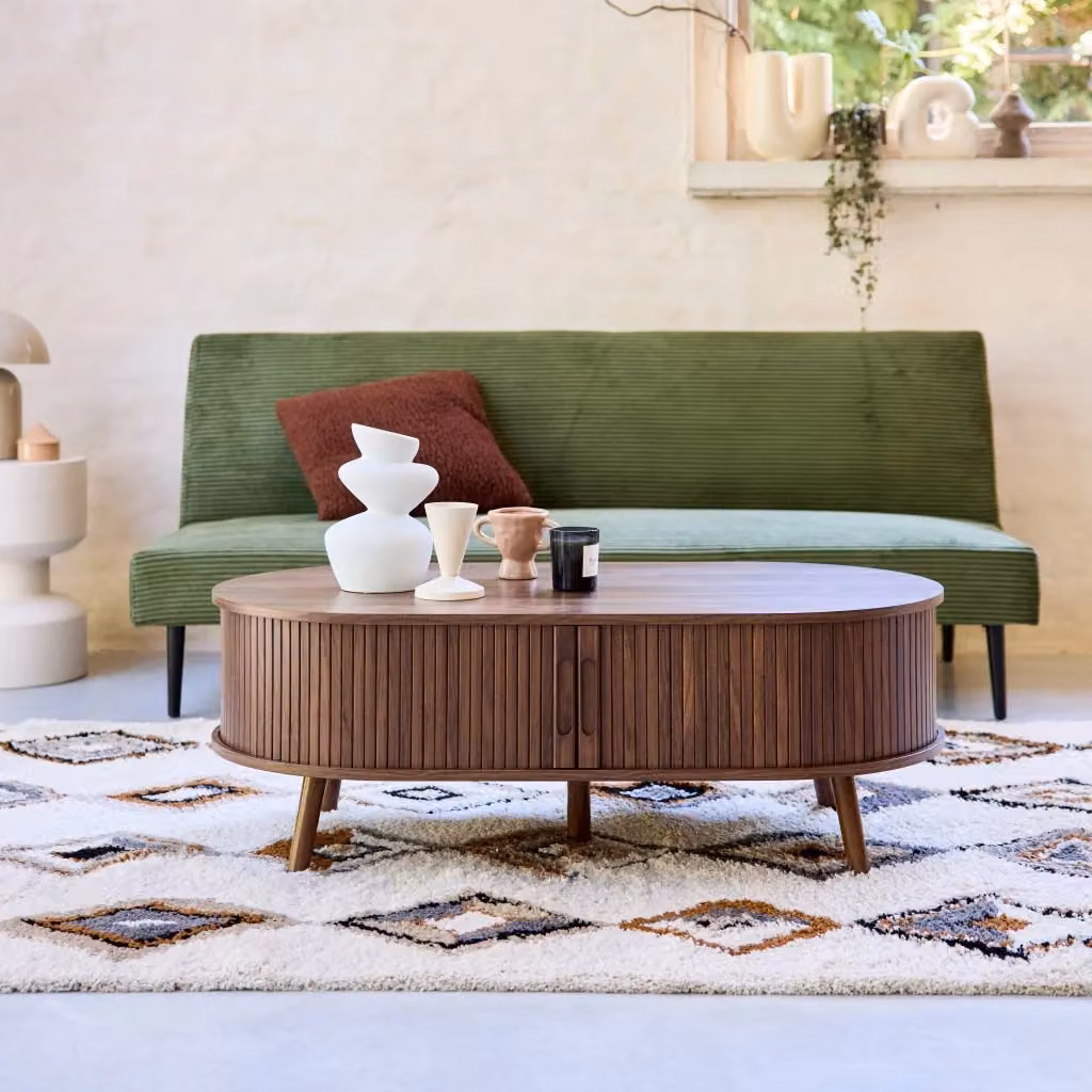Tavolino da soggiorno scandinavo Sweeek in legno e MDF laminato, forma ovale con finitura opaca, colore marrone, L: 59 cm, P: 40 cm, H: 39 cm – 2