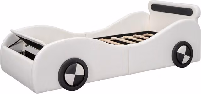 Letto per bambini 90 × 200 cm 1 posto con ruote luminose e vano contenitore, senza materasso, in PU bianco