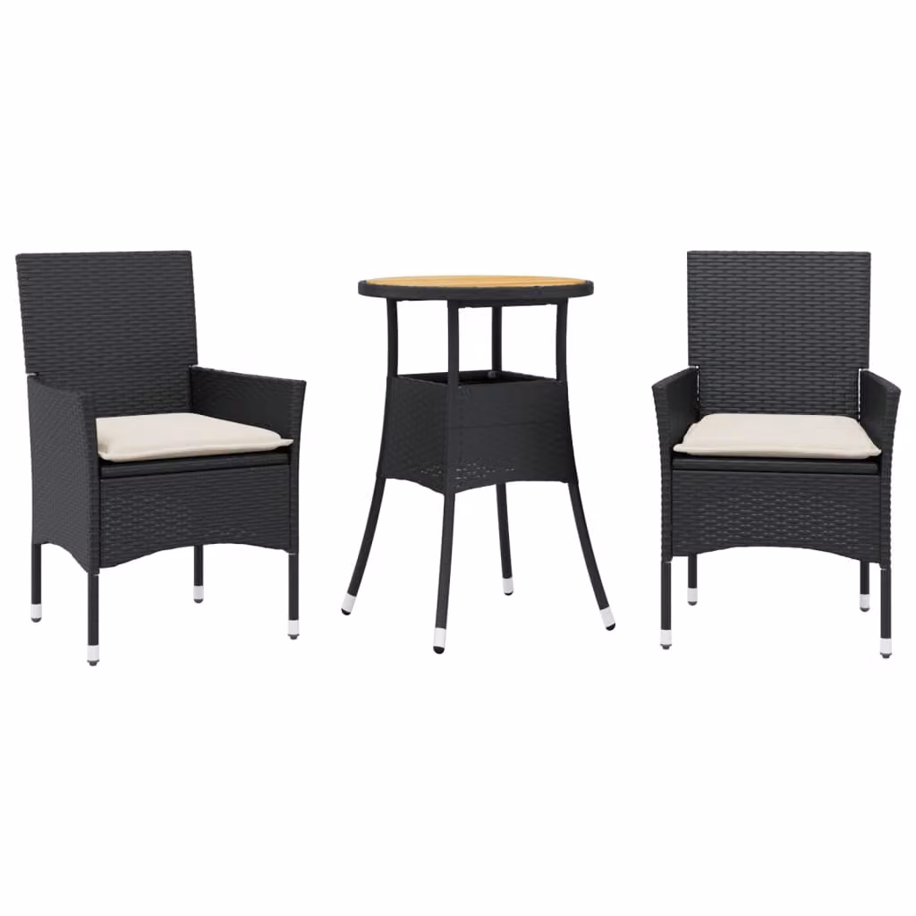 Set Pranzo da Giardino 3 pz con Cuscini Nero Polyrattan Acacia
