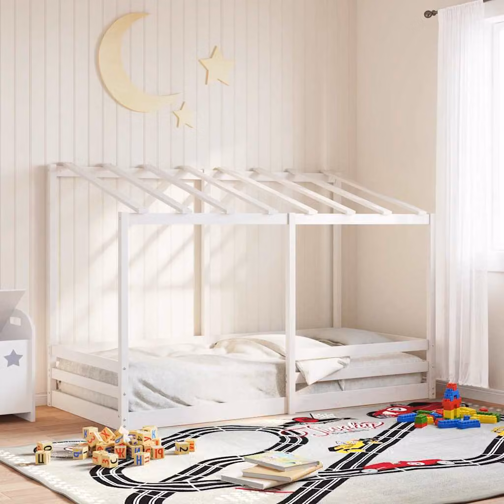 Letto per bambini vidaXL con tetto in legno massello di pino bianco 90x200 cm