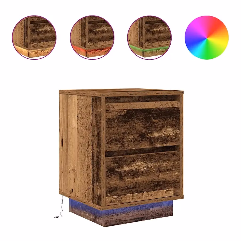 Set di 2 Comodini Design Mania in Legno Antico Marrone con Luci LED a Parete L/P/H: 38 x 34 x 50 cm – 2