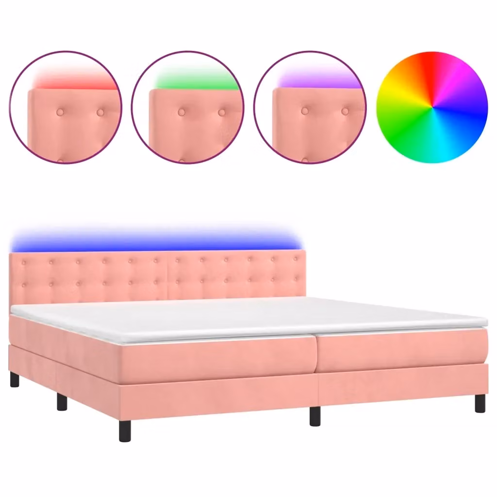 Letto a Molle con Materasso e LED vidaXL in Velluto Rosa, L/P: 200 x 200 cm – 2