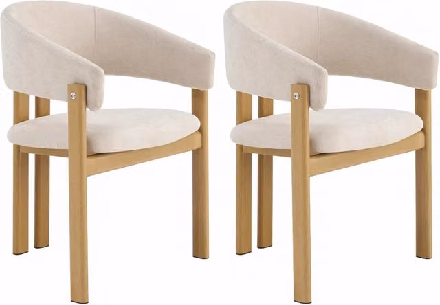 Set da 2 Sedie da Pranzo in Metallo con Effetto Legno e Rivestimento in Lino Beige