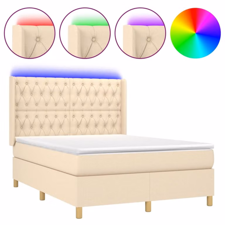 Letto a Molle con Materasso e LED Crema 140x190 cm in Tessuto