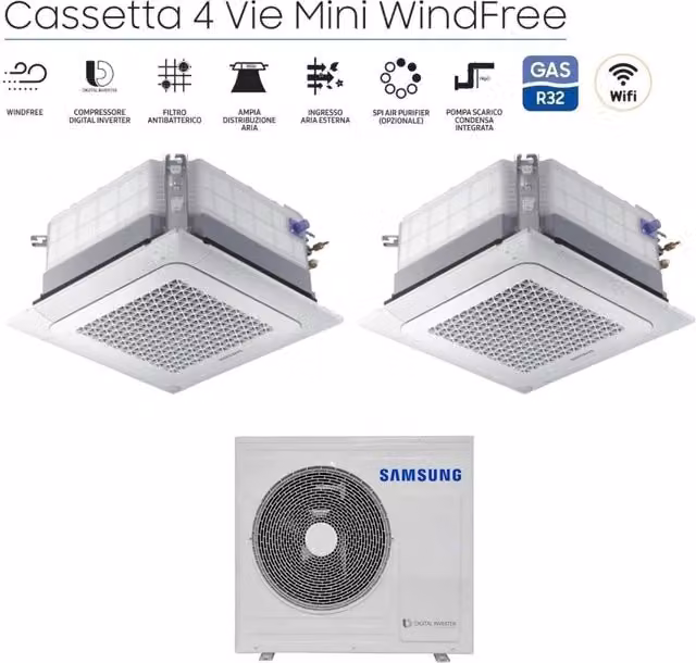 Climatizzatore Condizionatore Samsung Dual Split Inverter Cassetta 4 Vie Mini Windfree 18000+18000 BTU Bianco con Griglia Inclusa e Wi-Fi Opzionale