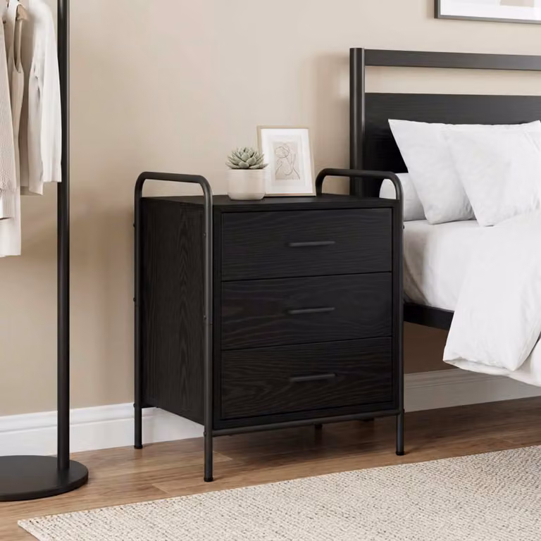 Armadio da Notte Moderno vidaXL in MDF e Metallo, Colore Rovere e Nero, L 48 cm x P 36,5 cm x H 60 cm