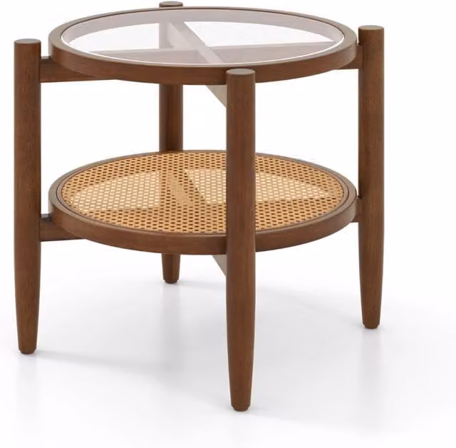 Tavolino rotondo a due livelli per soggiorno, Tavolino da caff¨¨ in rattan PE con piano in vetro temperato Marrone