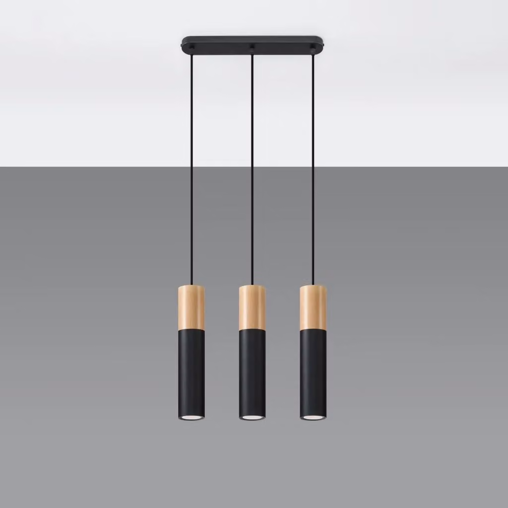 Lampadario a sospensione MARCOS Pure Lume con 3 luci, design scandinavo in nero e legno, attacco GU10, regolabile in altezza – 2