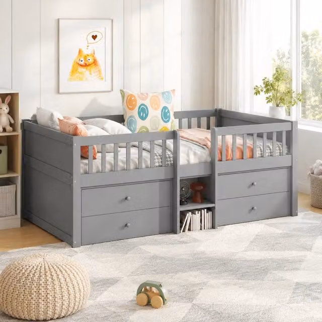 Letto semi-alto 90 x 200 cm con 4 cassetti; scala e sponde; legno di pino; grigio