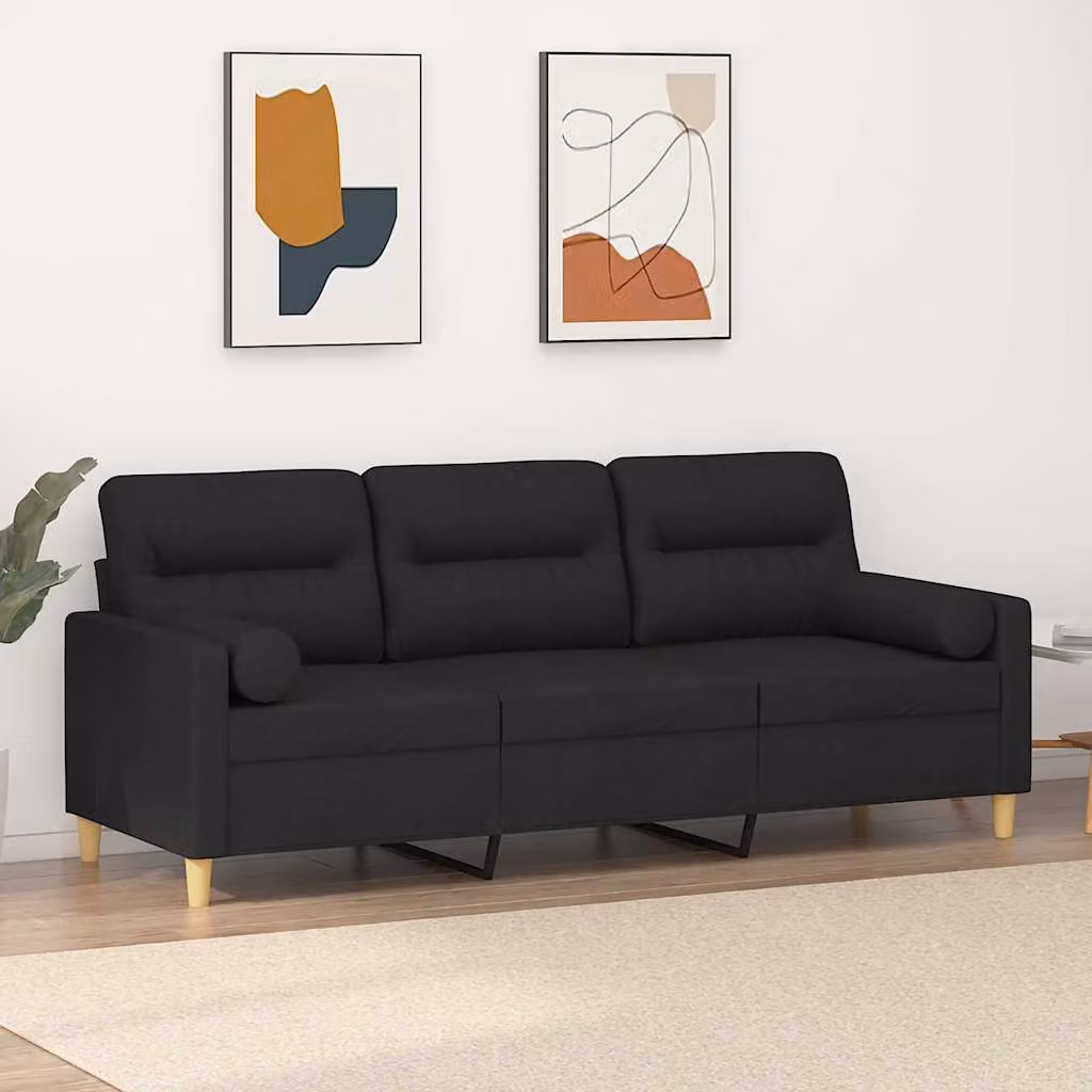 vidaXL Divano a 3 Posti Moderno in Tessuto Nero con Cuscini e Coperture Rimovibili L: 198 cm, P: 80 cm, H: 77 cm – 1